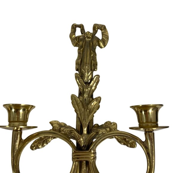 PAIR Ornate Bow Ribbon/Tassel Horn Vintage Brass Wall Sconce Candle Stick Holder - Picture 2 of 6